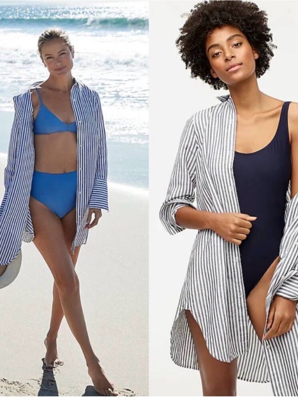 J. Crew Gray and White Striped Beach Cover-Up Shirt
